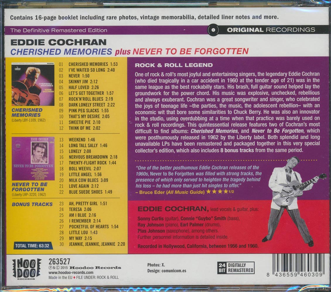 Eddie Cochran - Cherished Memories + Never To Be Forgotten (2 albums on 1 CD) (30 tracks) (+8 bonus tracks) (incl. 16-page booklet) (24-bit mastering) (remaste Music CD