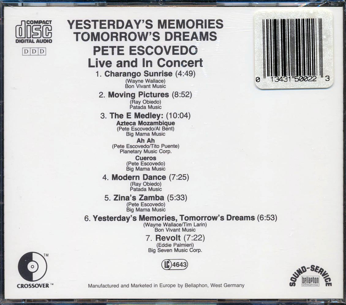 Pete Escovedo - Yesterday's Memories, Tomorrow's Dreams: Live And In Concert Music CD