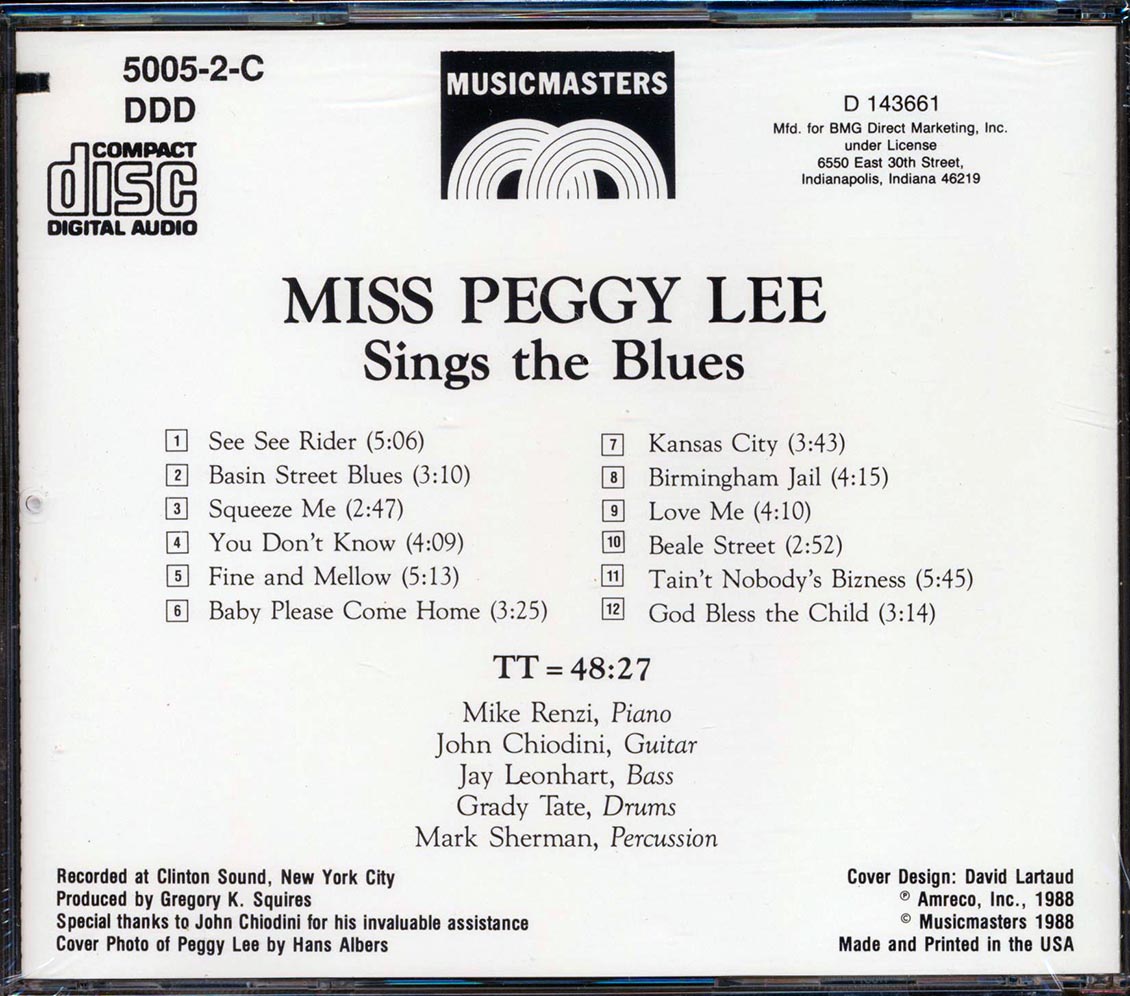 Miss Peggy Lee - Sings The Blues (marked/ltd stock) Music CD
