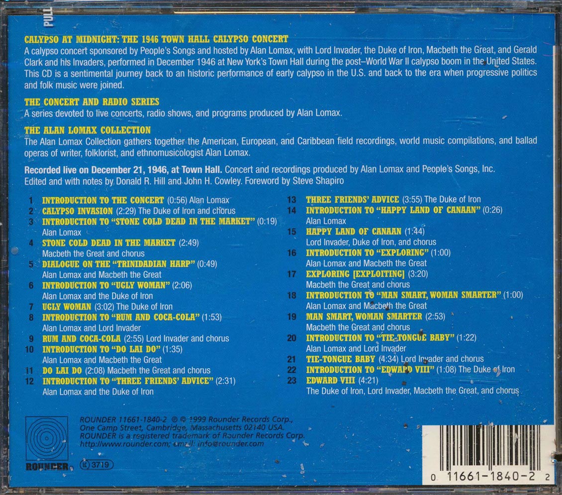Lord Invader, Duke Of Iron, Macbeth The Great, Etc. - Calypso At Midnight: The Live Midnight Special Concert, Town Hall, New York City, 1946 (incl. large booklet) (marked/ltd stock) Music CD