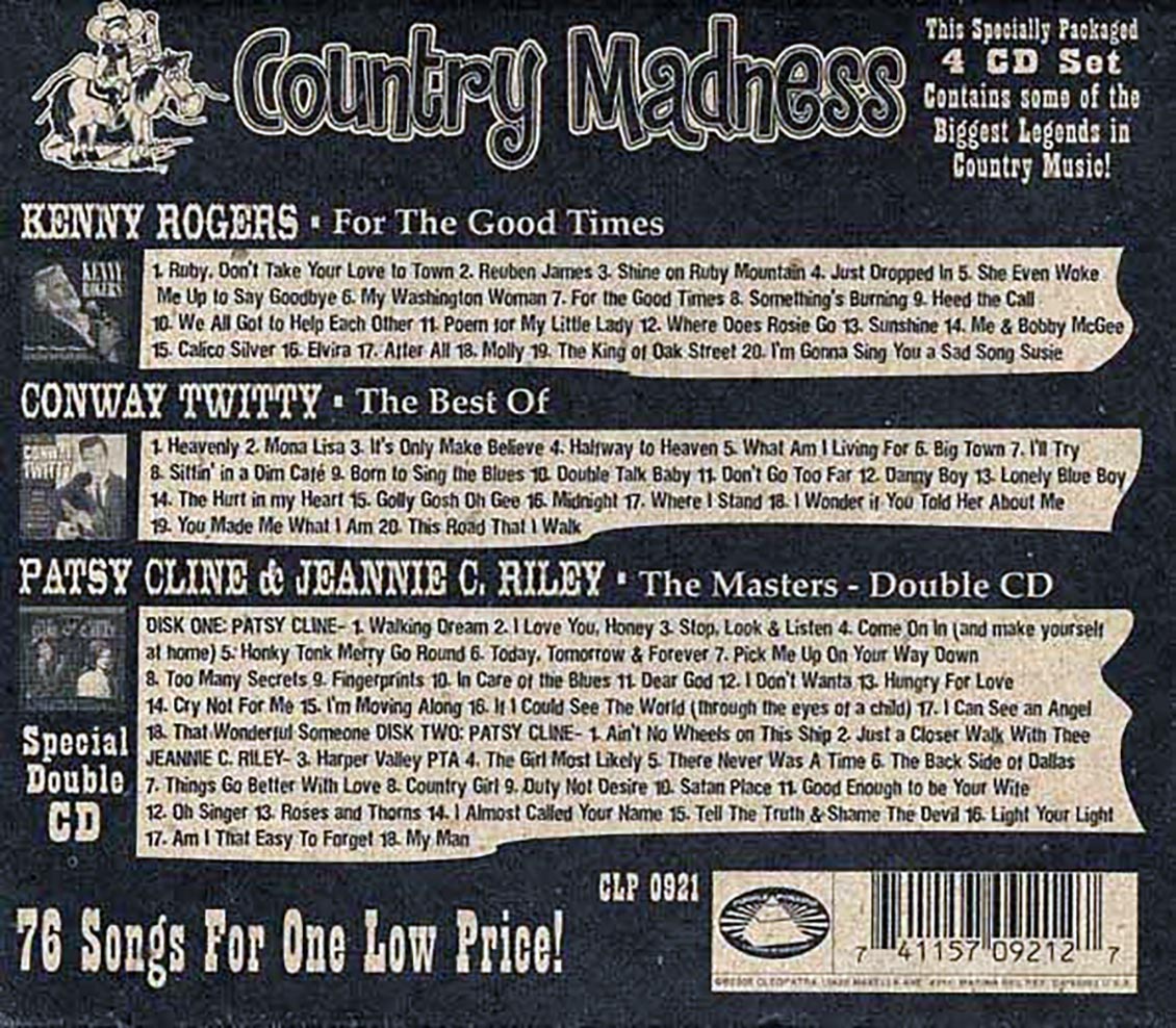 Kenny Rogers, Patsy Cline, Jeannie C Riley, Conway Twitty  - Country Madness (76 tracks) (4xCD) (box set) Music CD
