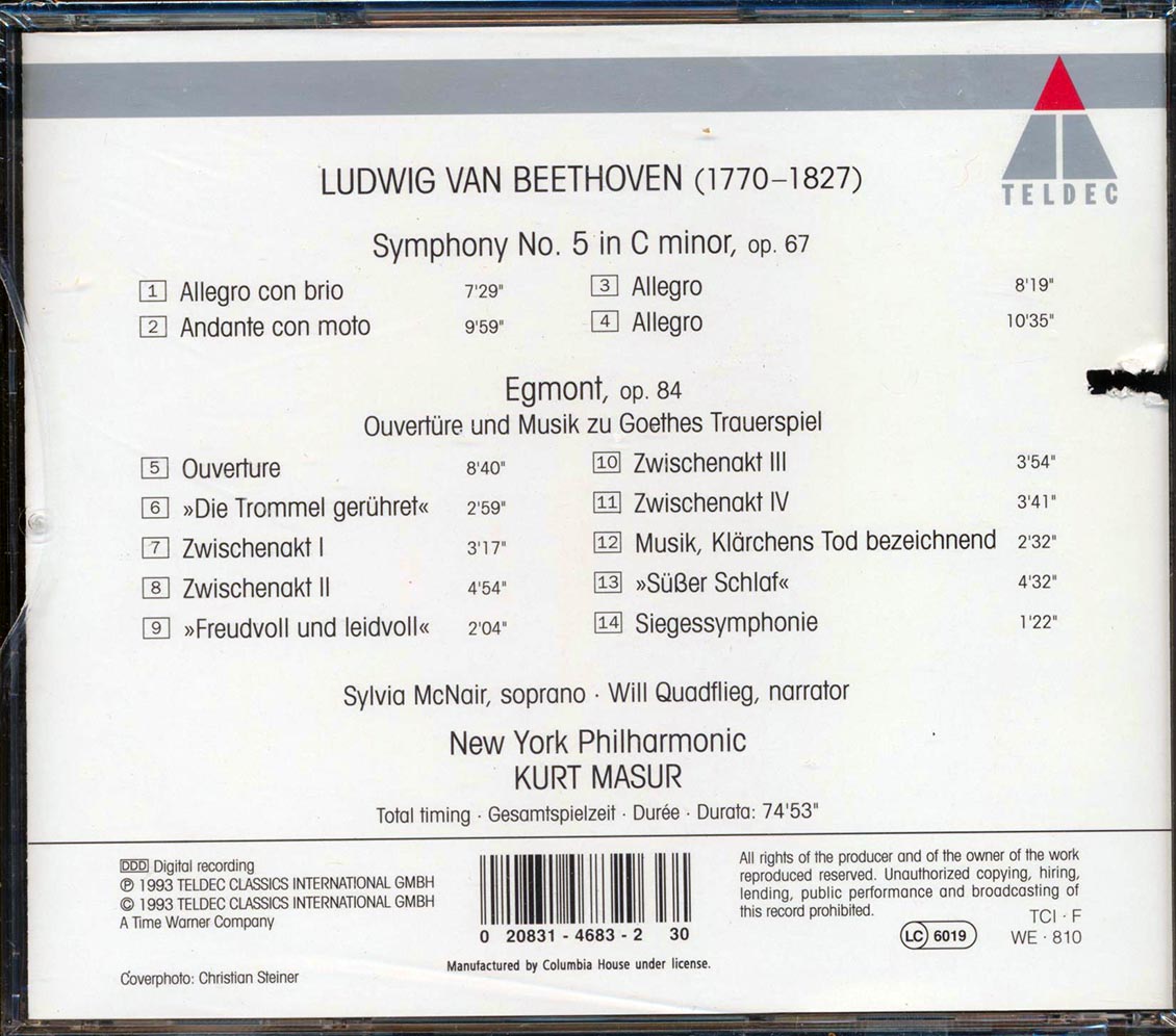 Kurt Masur, Beethoven, Egmont, New York Philharmonic - Beethovan: Symphony No. 5, OP. 67; Egmont, OP. 84 (incl. large booklet) (marked/ltd stock) Music CD