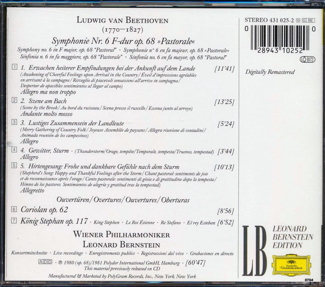 Leonard Bernstein - Beethoven: Symphony No. 6 Pastorale; Overtures Coriolan & Konig Stephan Music CD