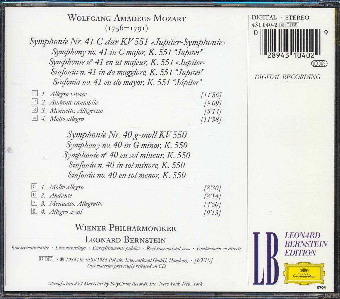 Leonard Bernstein - Mozart: Symphonies Nos. 40 & 41 Music CD
