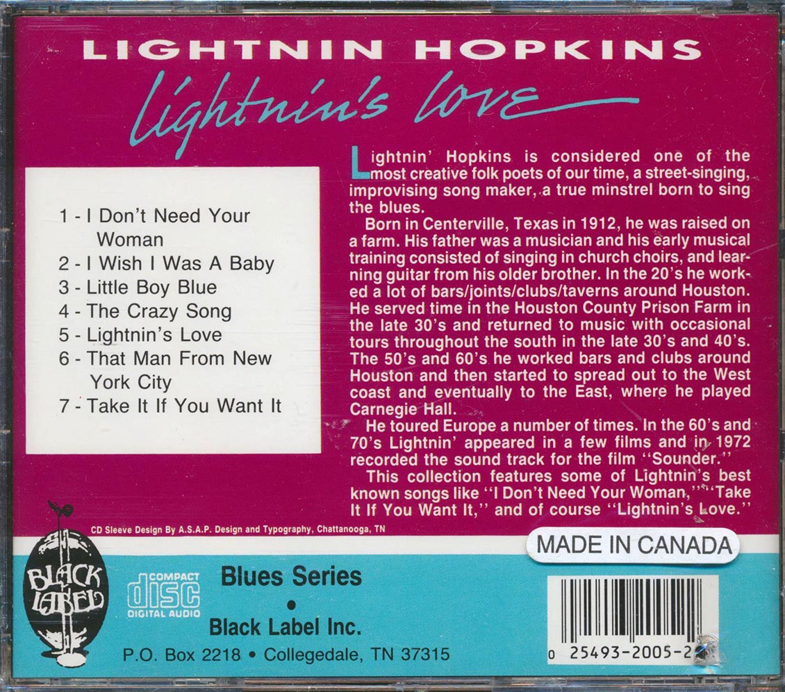 Lightnin' Hopkins Lightnin's Love marked/ltd stock Music CD