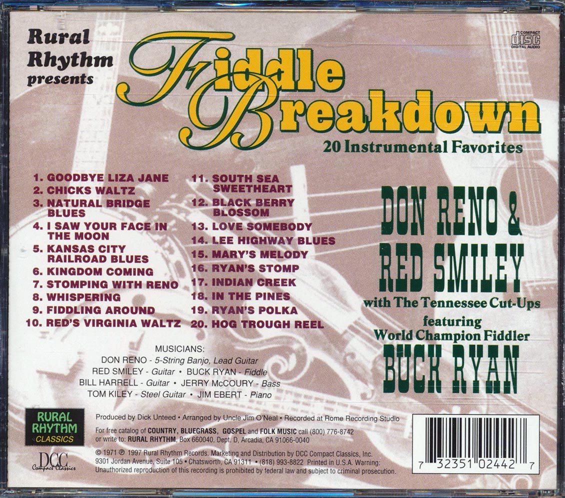 Don Reno, Red Smiley, Buck Ryan - Fiddle Breakdown (20 tracks) Music CD