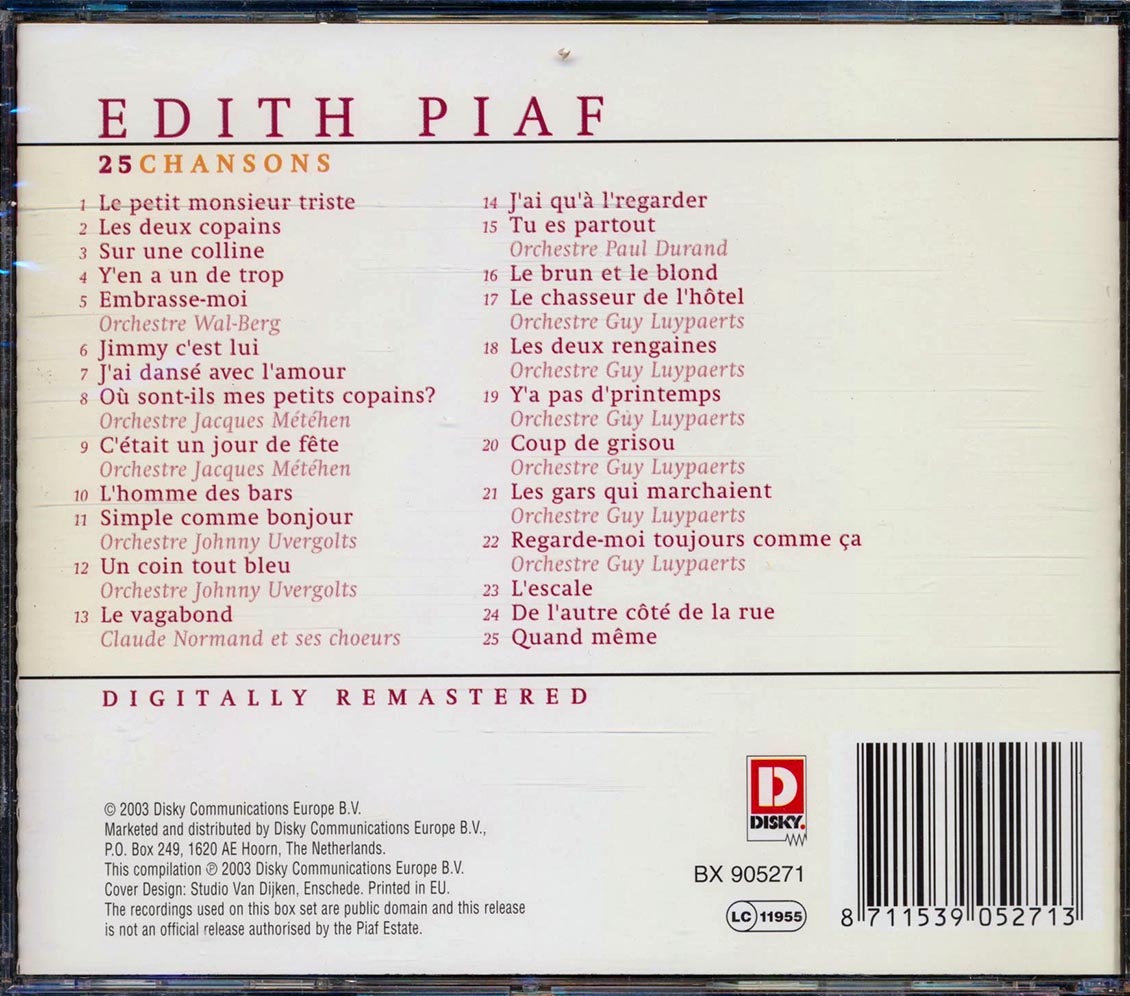 Edith Piaf - 25 Chansons (remastered) Music CD