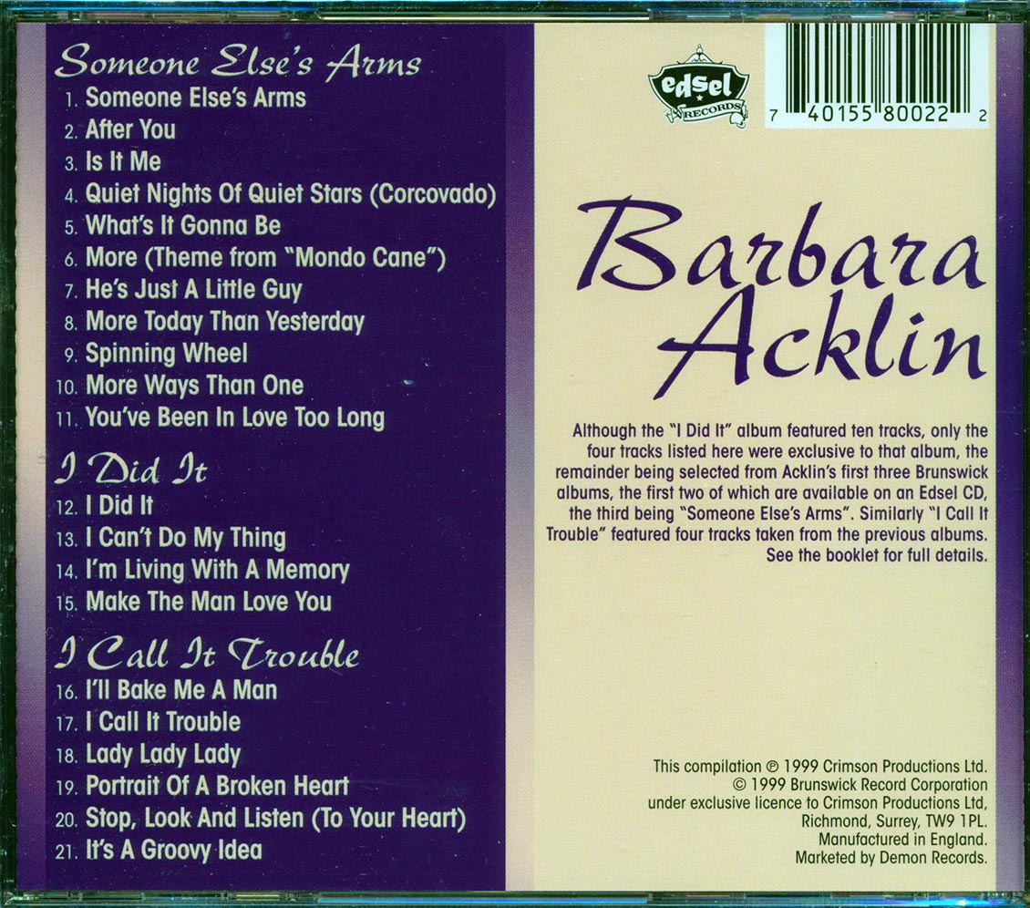 Barbara Acklin - Someone Else's Arms + I Did It + I Call It Trouble (21 tracks) Music CD