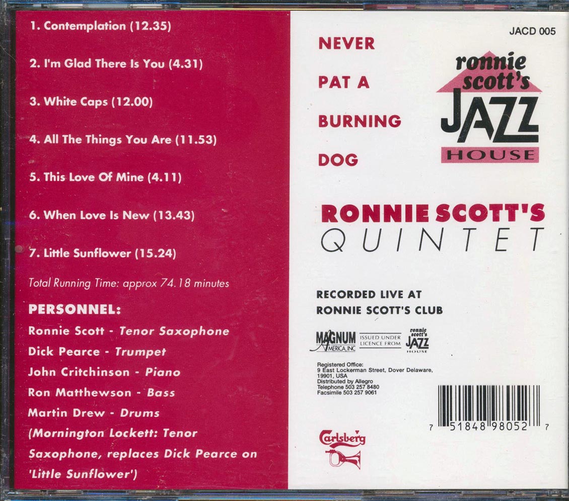 Ronnie Scott Quintet - Never Pat A Burning Dog: Live At Ronnie Scott's Club Music CD