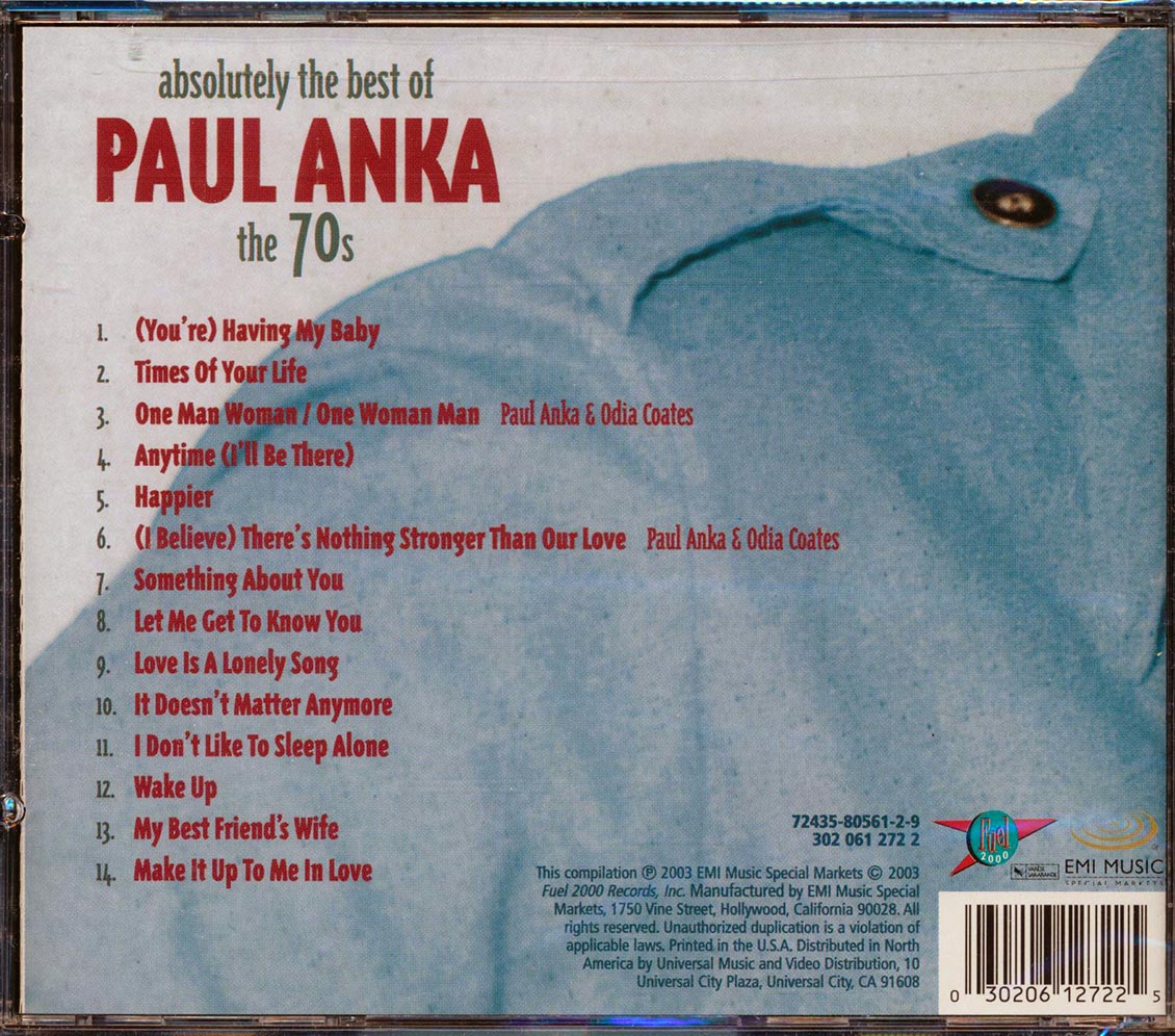 Paul Anka Absolutely The Best Of Paul Anka The 70's Music CD
