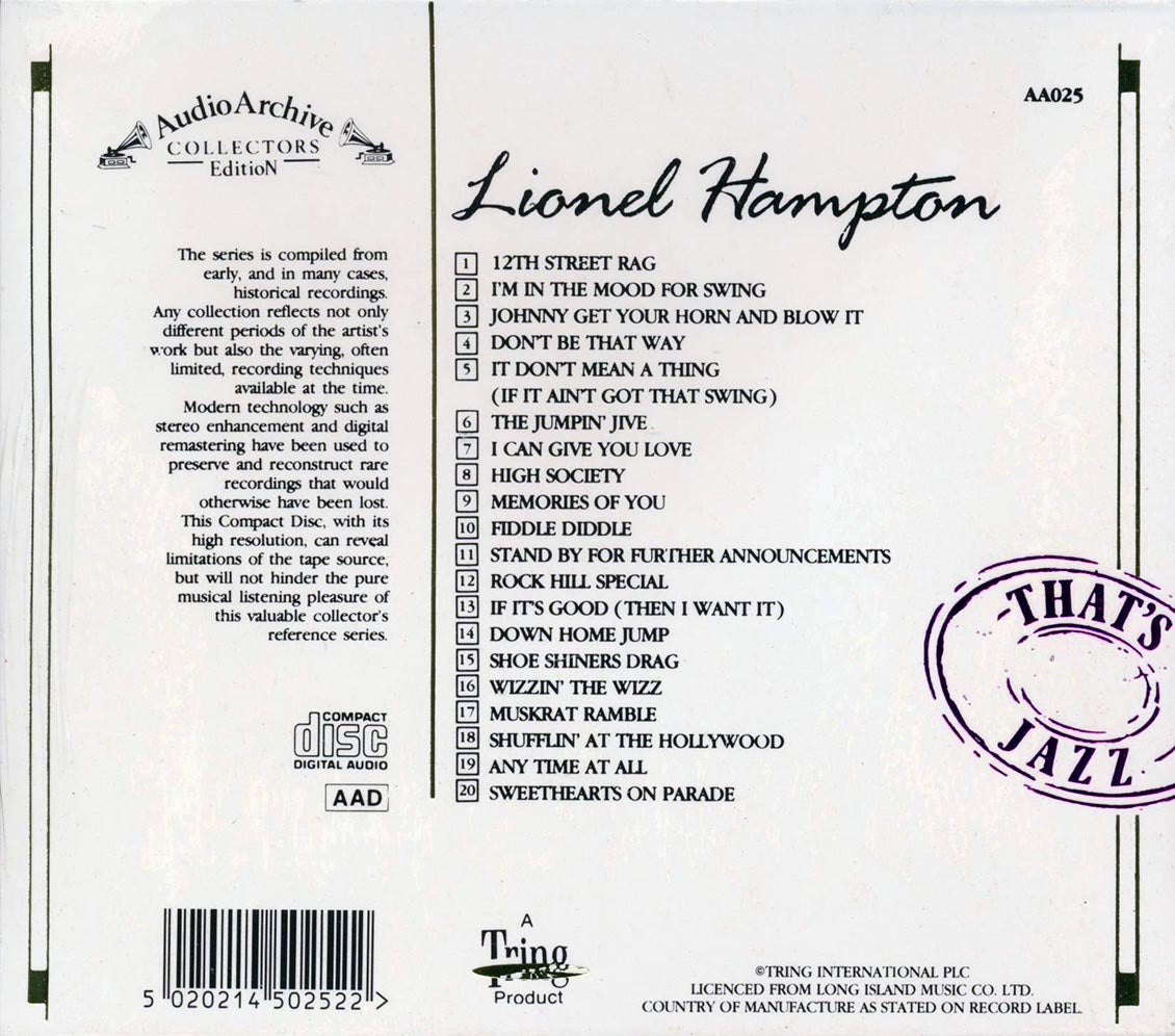Lionel Hampton - Audio Archive Collectors Edition: 20 Reflective Recordings (20 tracks) Music CD