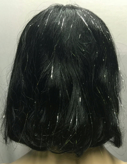 Black Silver Tinsel Bob Wig With Bangs Sparkle Cleopatra