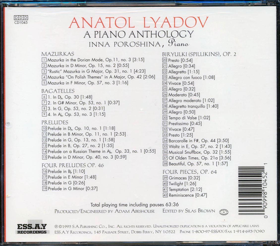 Anatol Lyadov - A Piano Anthology Inna Poroshina Piano Music CD