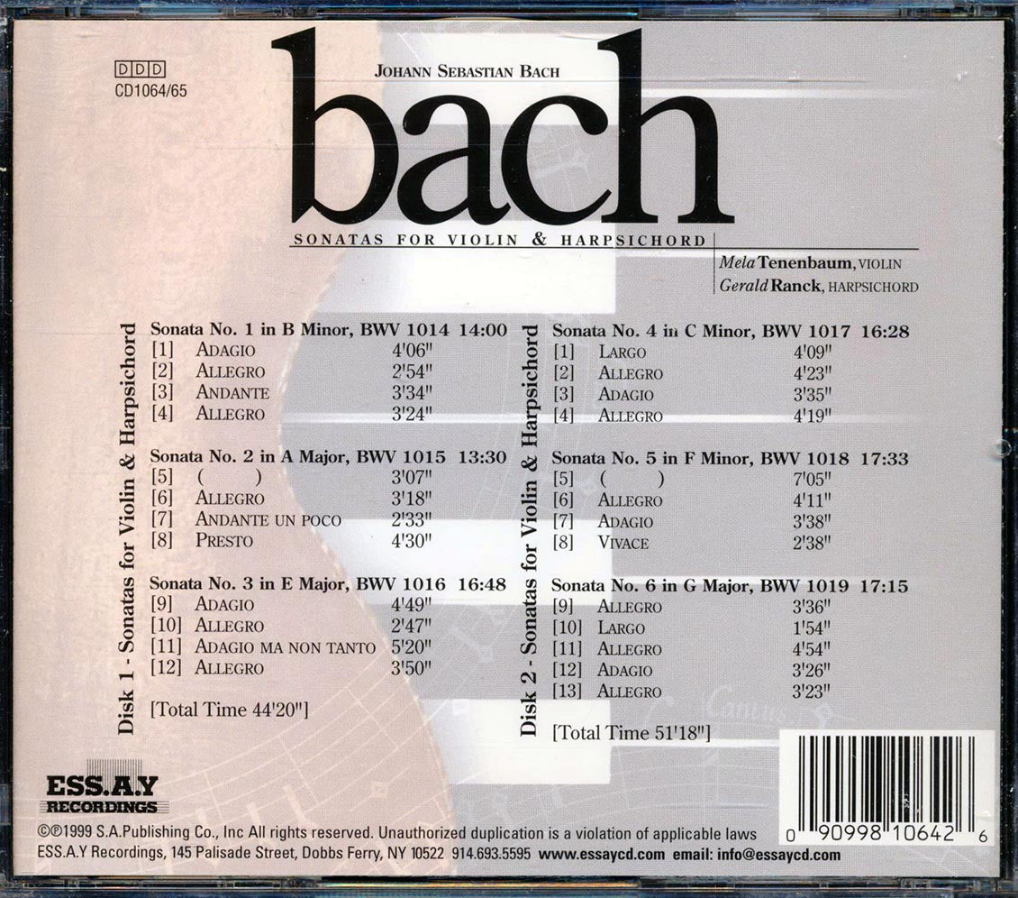 Johann Sebastian Bach, Mala Tenenbaum, Gerald Ranck - Sonatas For Violin And Harpischord (25 tracks) (2xCD) Music CD