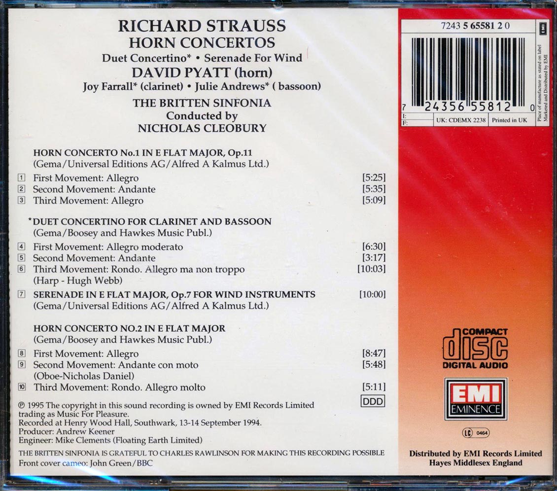 Richard Strauss, David Pyatt, Joy Farrall, Julie Andrews, The Britten Sinfonia, Nicholas Cleobury - Horn Concertos / Duett Concertino / Serenade For Wind Music CD