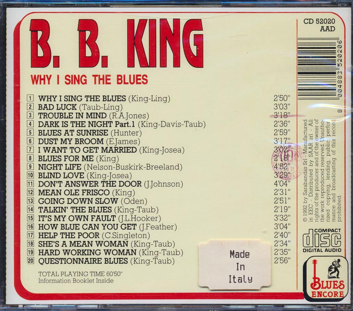 BB King - Why I Sing The Blues (20 tracks) Music CD