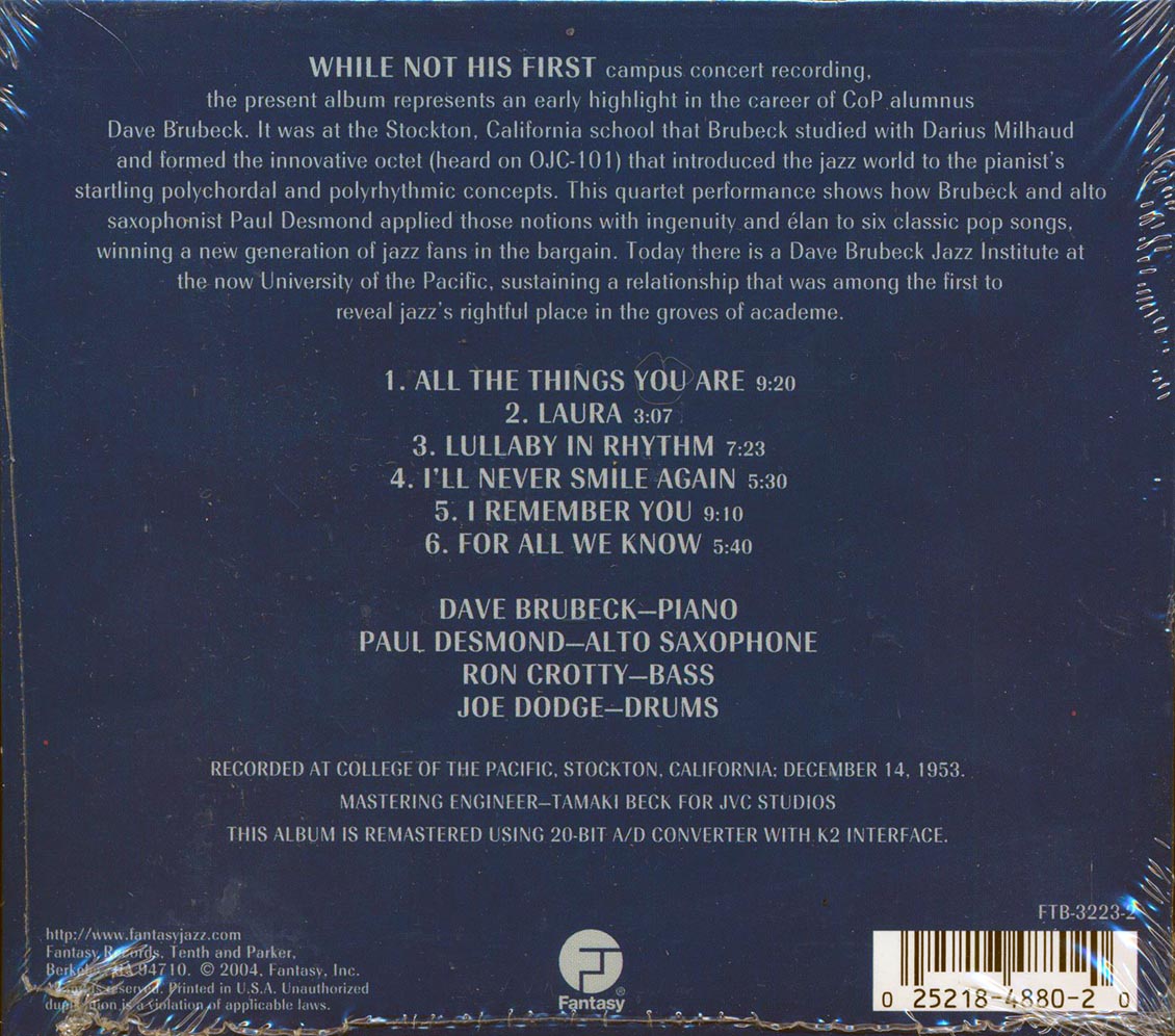 Dave Brubeck Quartet - Jazz At The College Of The Pacific Music CD