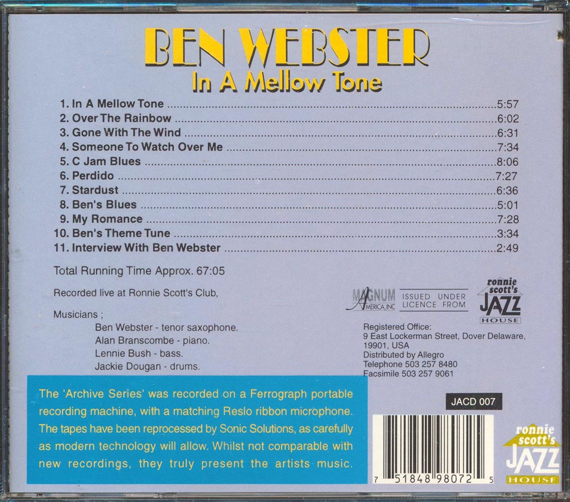Ben Webster - In A Mellow Tone: Recorded Live At Ronnie Scott's Club (marked/ltd stock) Music CD