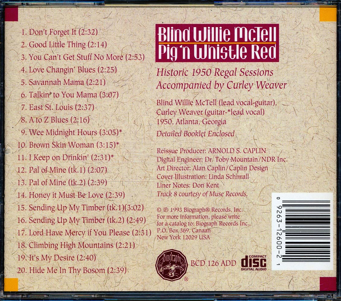 Blind Willie McTell - Pig 'n Whistle Red (20 tracks) (incl. large booklet) Music CD