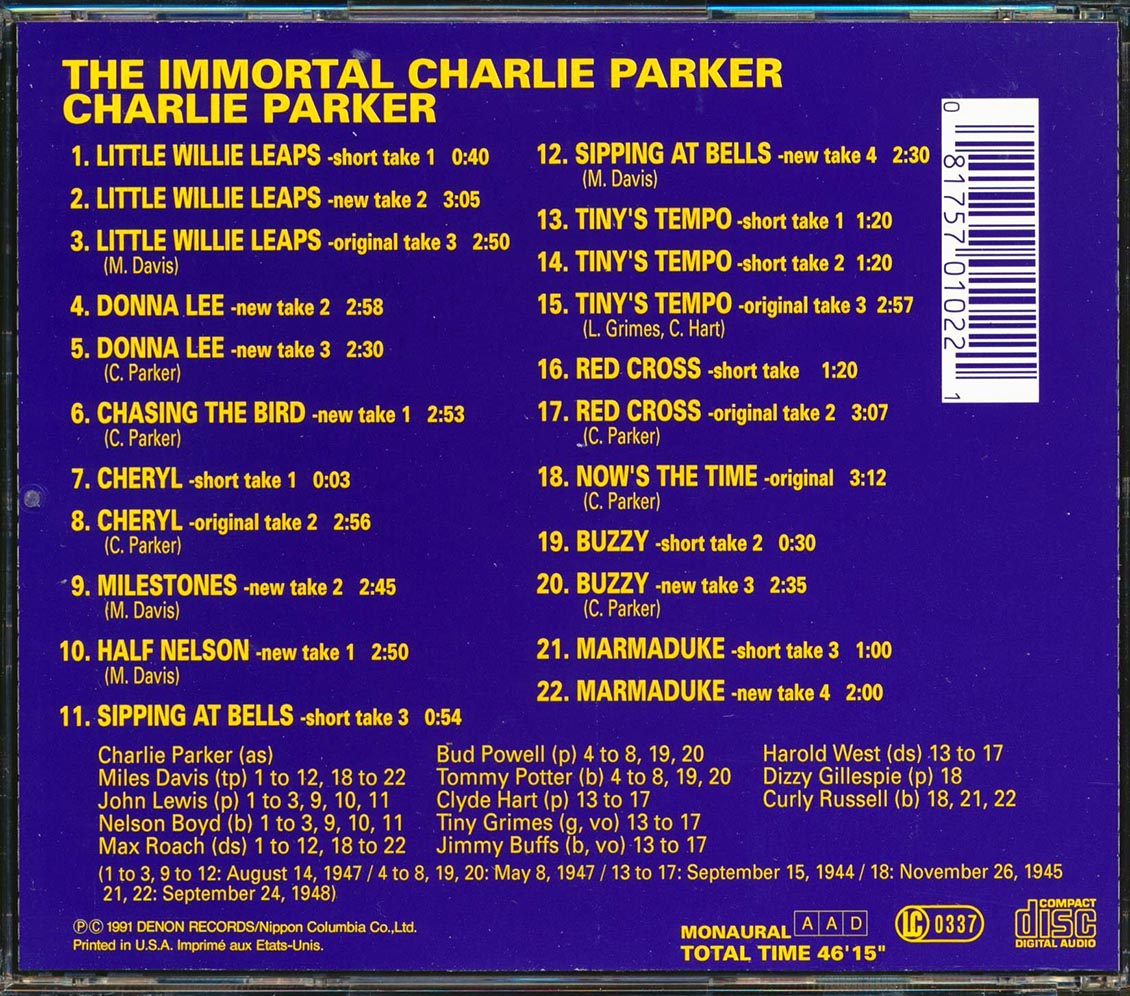 Charlie Parker - The Immortal Charlie Parker Music CD
