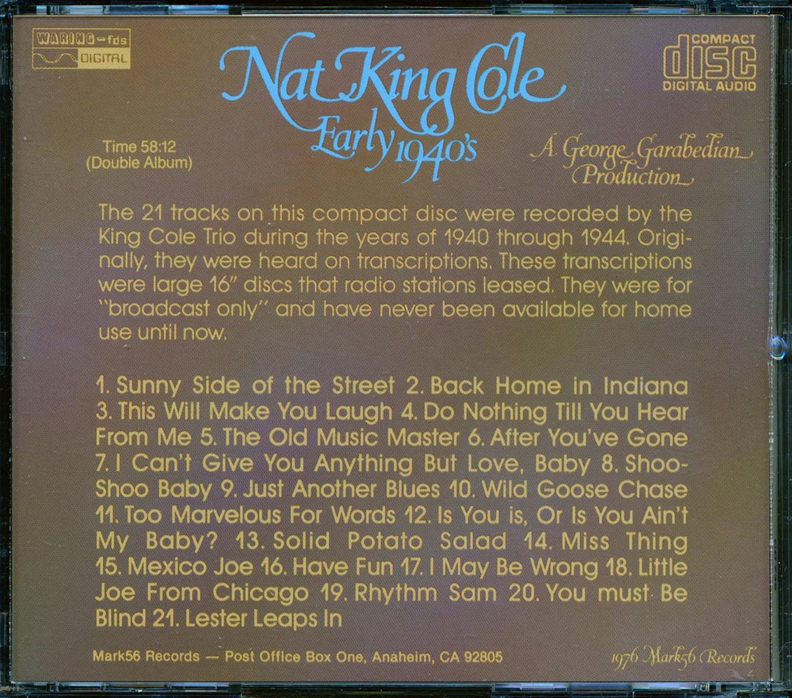 Nat King Cole Early 1940's A George Garabedian Production Music CD