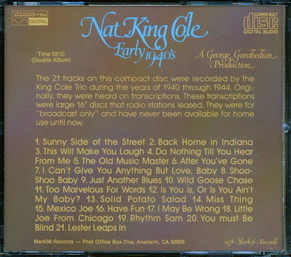 Nat King Cole Early 1940's A George Garabedian Production Music CD