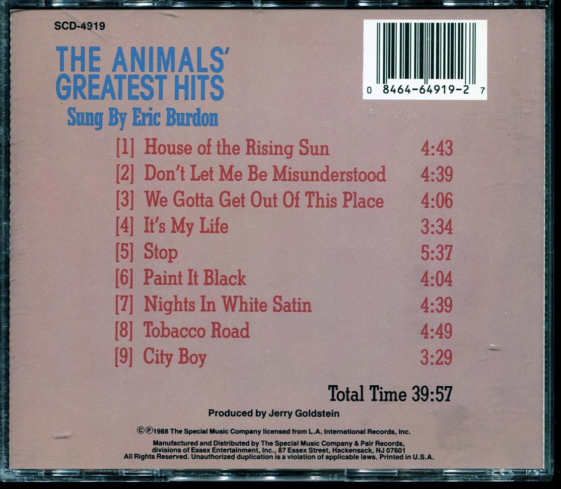 Eric Burdon - The Animals' Greatest Hits Sung By Eric Burdon Music CD