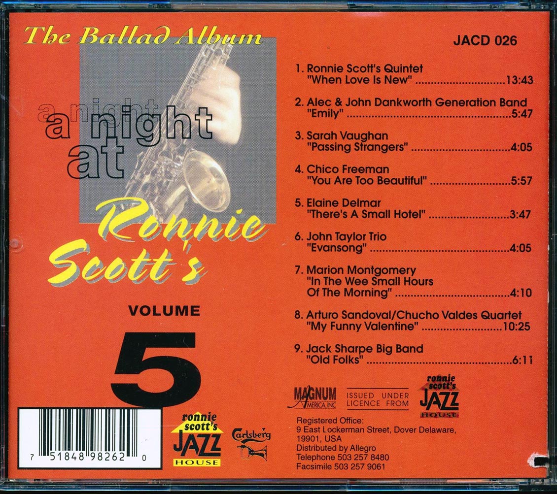 Sarah Vaughan, John Taylor, Ronnie Scott, Arturo Sandoval, Etc. - A Night At Ronnie Scott's Volume 5: The Ballad Album (marked/ltd stock) Music CD