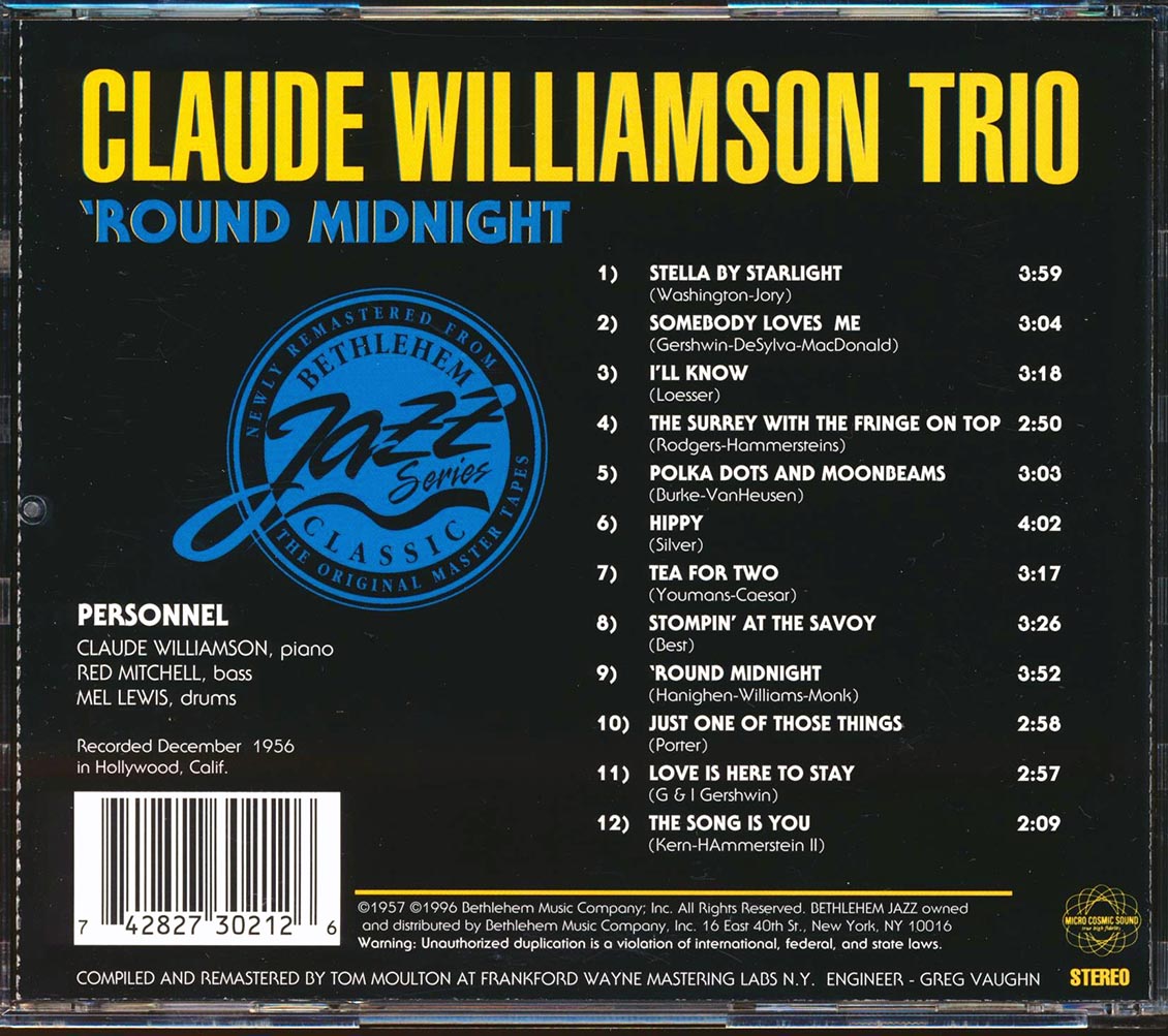 Claude Williamson Trio - Round Midnight Music CD