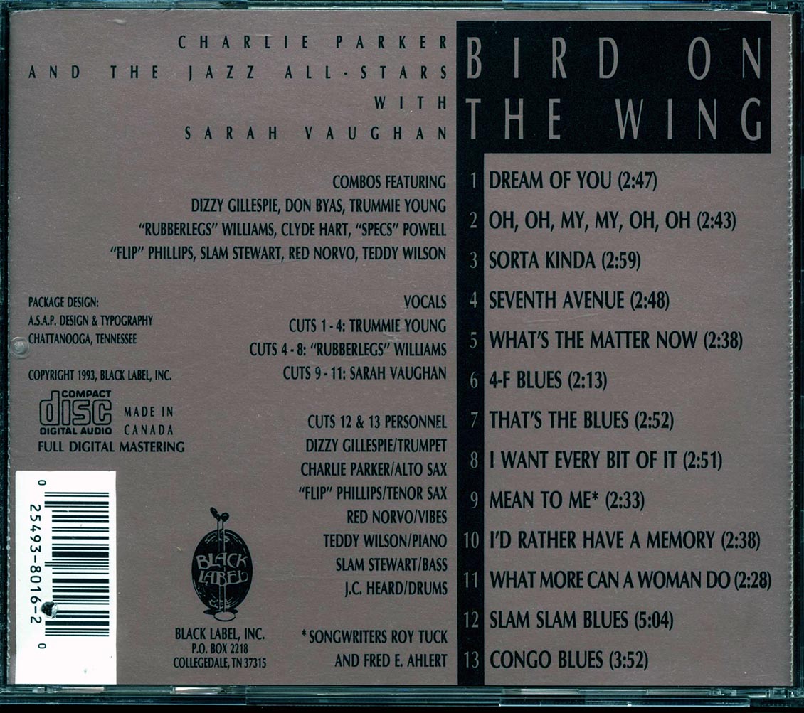 Charlie Parker & The Jazz All Stars With Sarah Vaughan Bird On The Wing marked/ltd stock Music CD