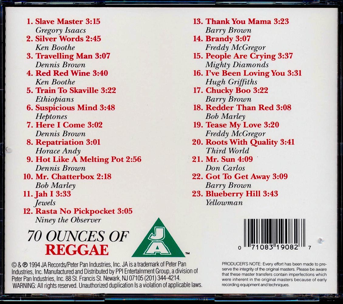 Bob Marley, Gregory Isaacs, Ken Boothe, Dennis Brown, The Jewels, Don Carlos, Etc. - 70 Ounces Of Reggae (23 tracks) Music CD
