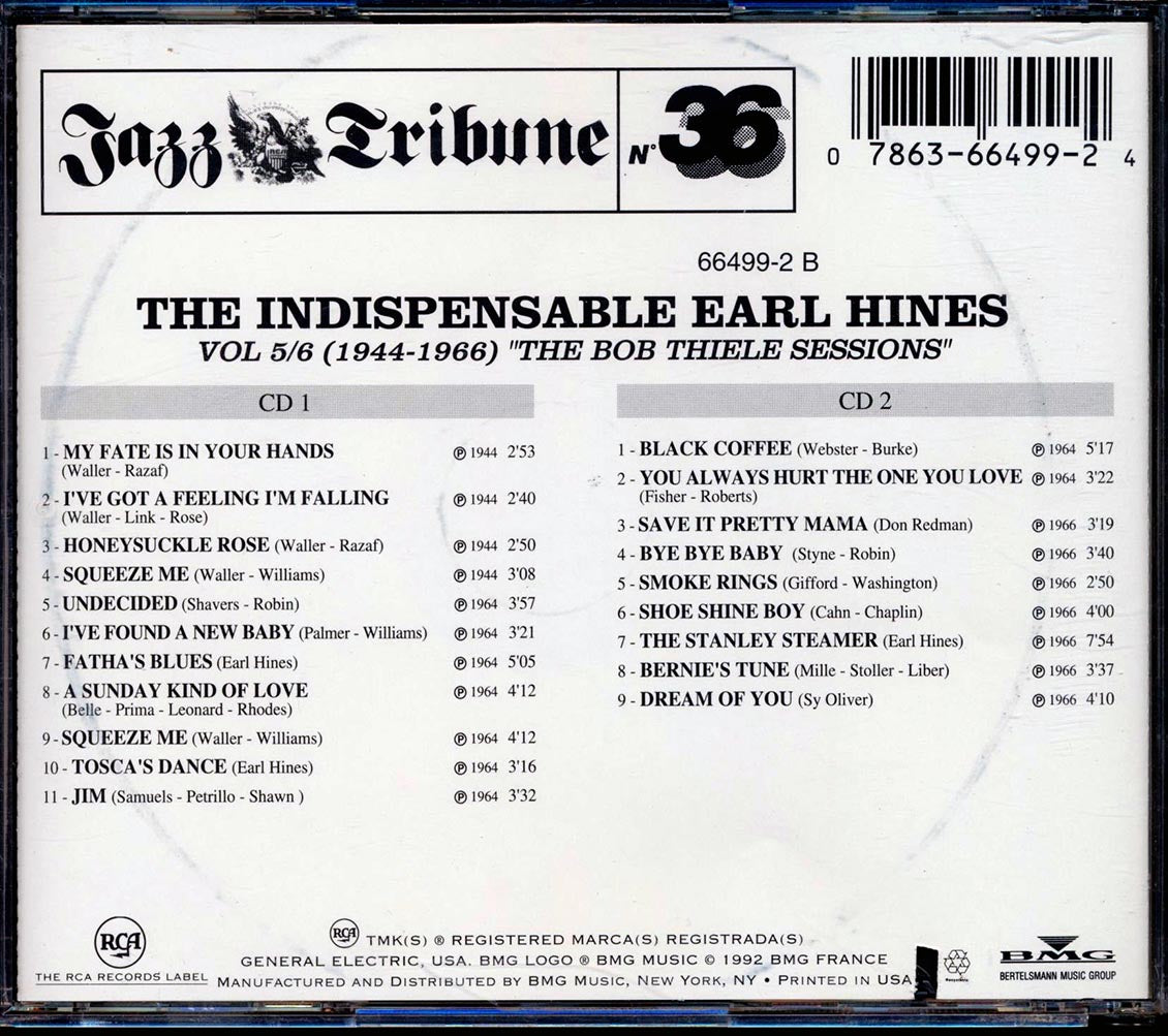 Earl Hines - The Indispensable Earl Hines Volumes 5/6 (1944-1966) The Bob Thiele Sessions (20 tracks) (2xCD) (marked/ltd stock) Music CD