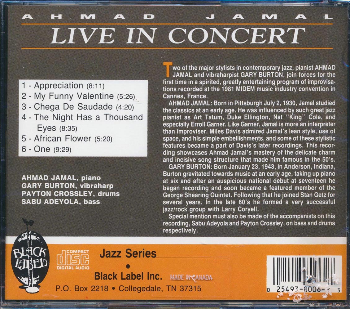 Ahmad Jamal Live In Concert marked/ltd stock remastered Music CD