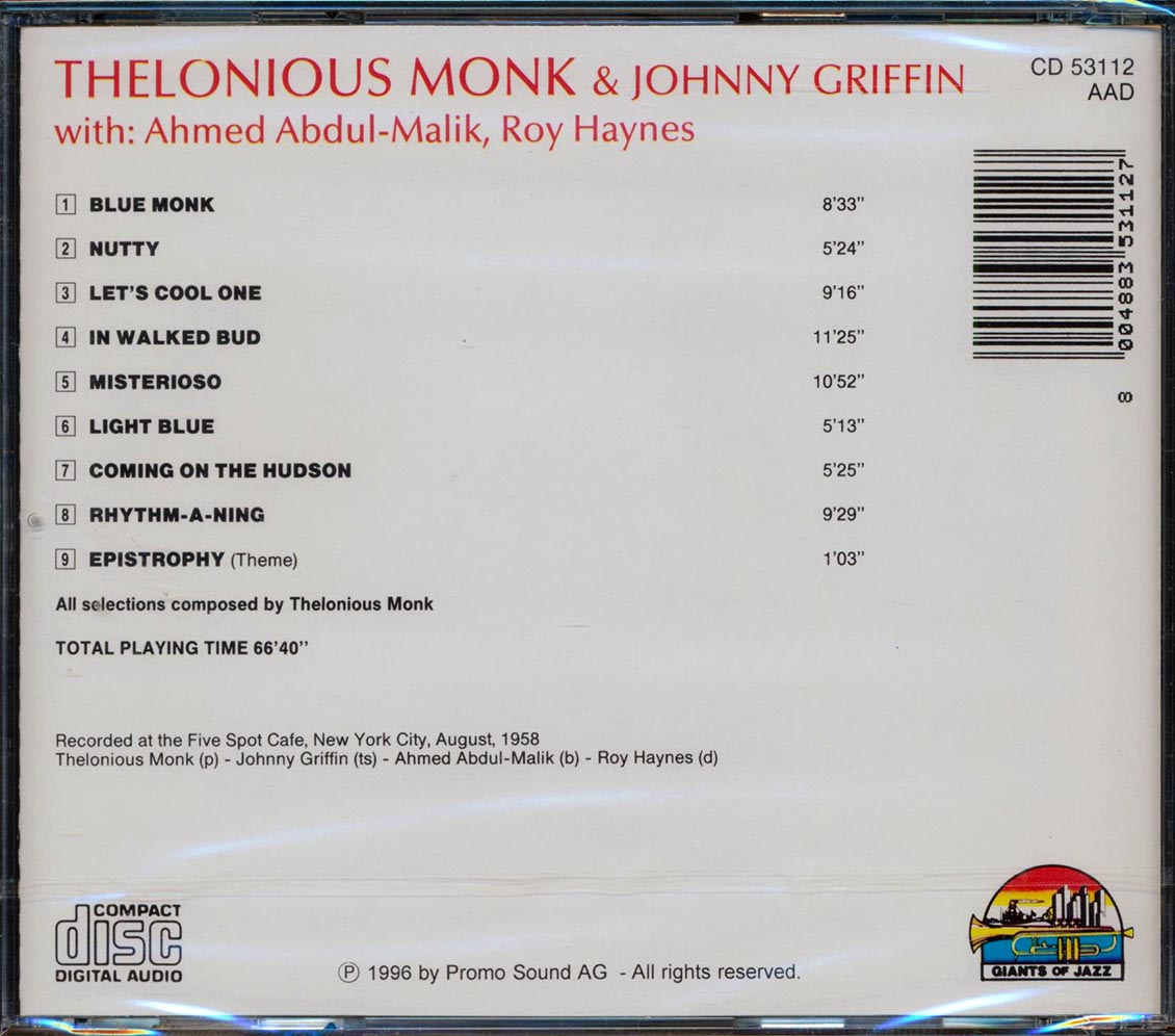 Thelonious Monk Johnny Griffin At The Five Spot Cafe New York City August 1958 Music CD