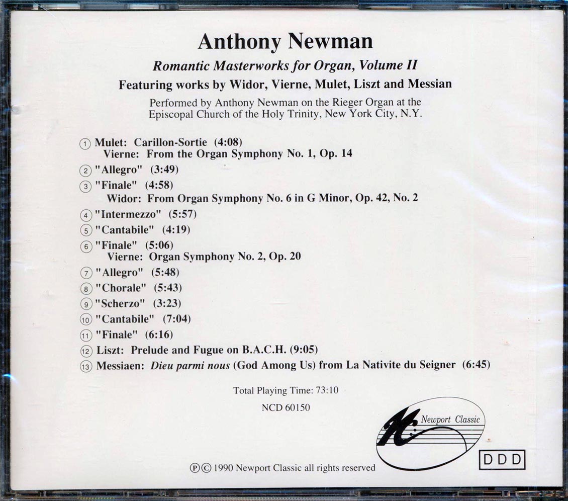 Anthony Newman - Romantic Masterworks For Organ, Volume II Music CD