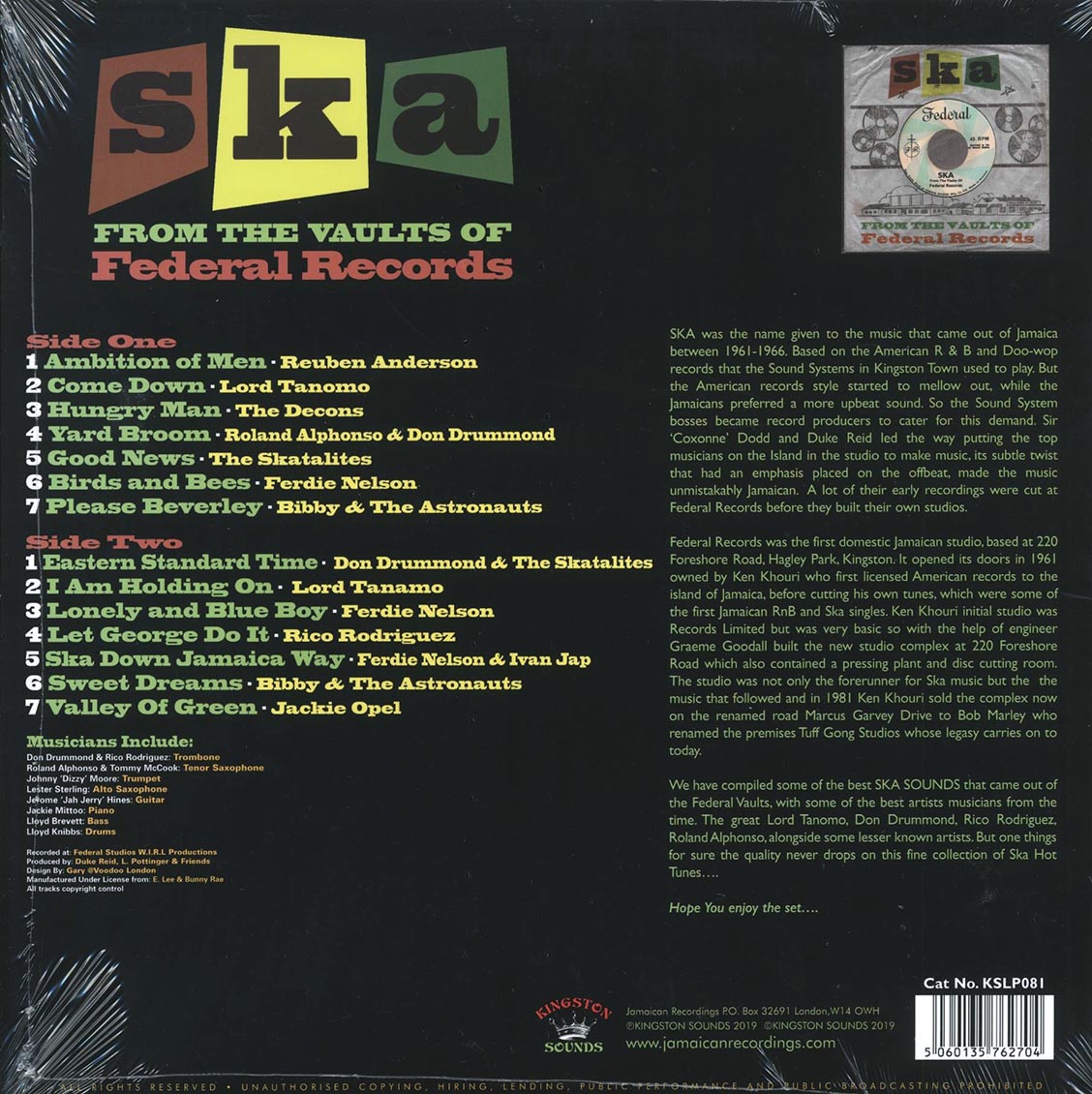 Don Drummond, The Skatalites, Lord Tanamo, Etc. - Ska From The Vaults Of Federal Records (180g) Vinyl Record