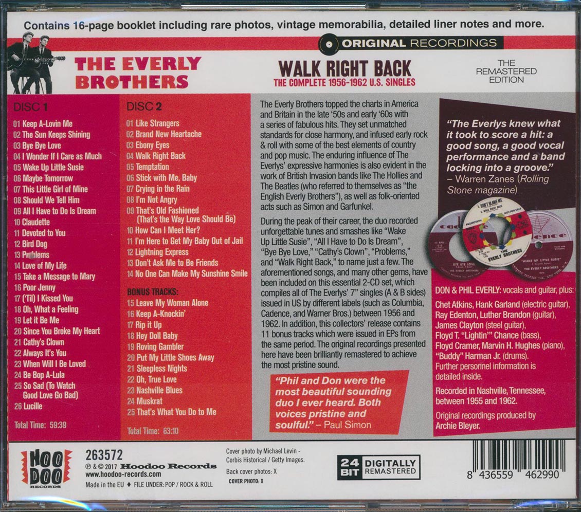 The Everly Brothers - Walk Right Back: The Complete 1956-1962 US Singles (51 tracks) (+11 bonus tracks) (2xCD) (incl. 16-page booklet) (remastered) (24-bit mastering) Music CD