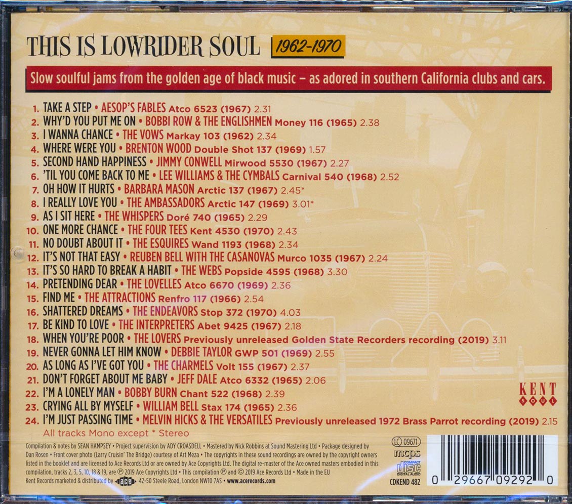 Barbara Mason, The Webs, The Whispers, Lee Williams & The Cymbals, Etc. - This Is Lowrider Soul: 1962-1970 (24 tracks) (incl. large booklet) (remastered) Music CD