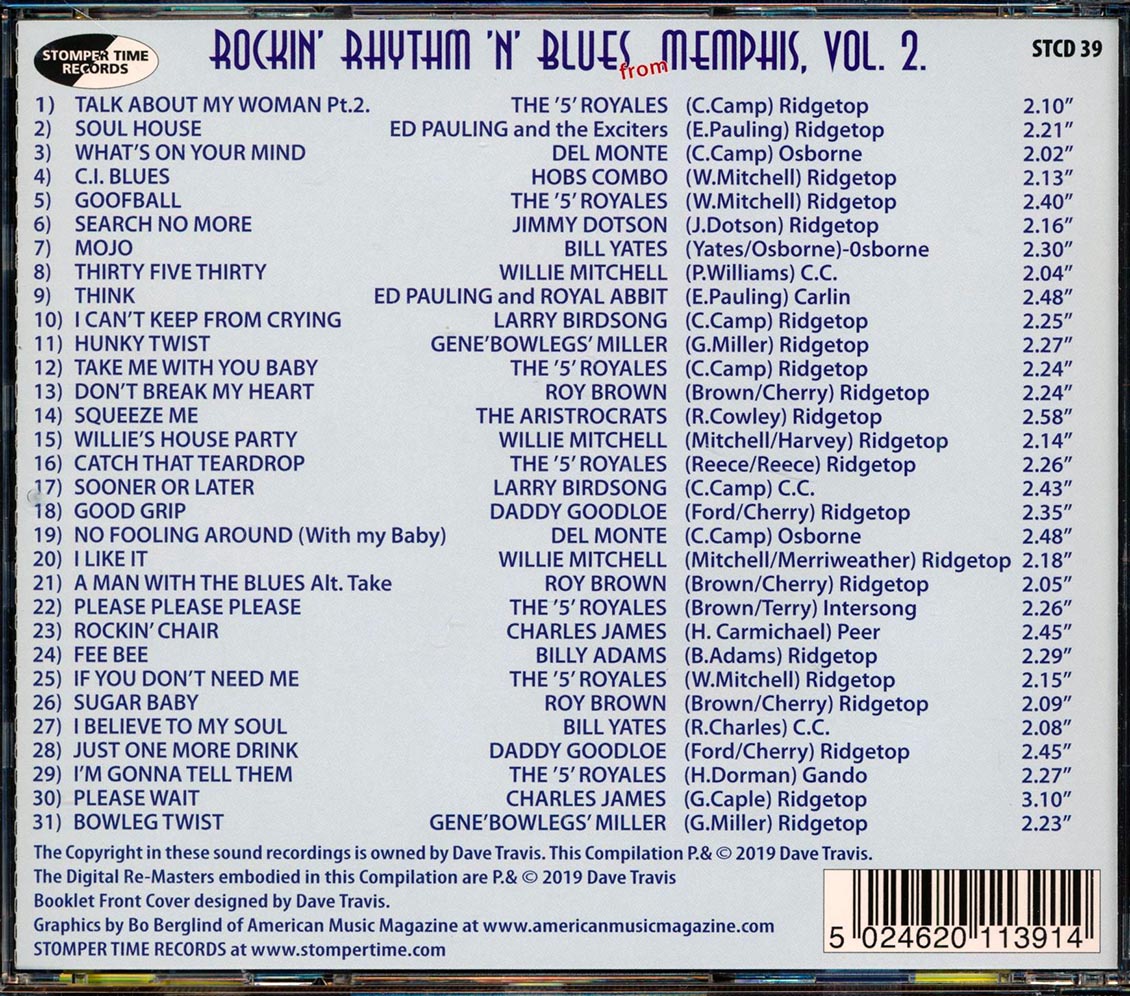 Bill Yates, Billy Adams, Roy Brown, Etc. - Rockin' Rhythm 'N' Blues From Memphis Volume 2 (31 tracks) (incl. large booklet) (remastered) Music CD