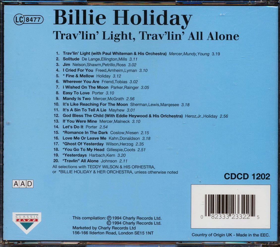Billie Holiday - Trav'lin' Light, Trav'lin' All Alone (20 tracks) Music CD