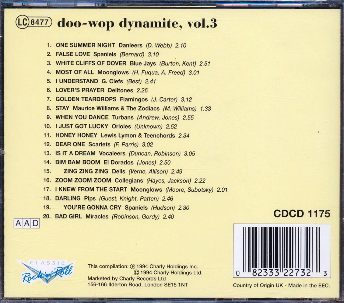 Maurice Williams, The Spaniels, The El Dorados, Etc. - Doo-Wop Dynamite Volume 3 (20 tracks) Music CD