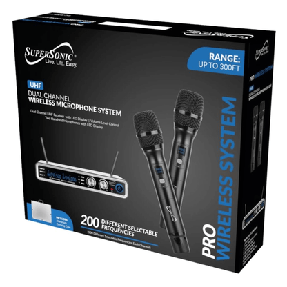 Supersonic UHF Dual Channel Selectable Frequencies Professional Wireless Microphone