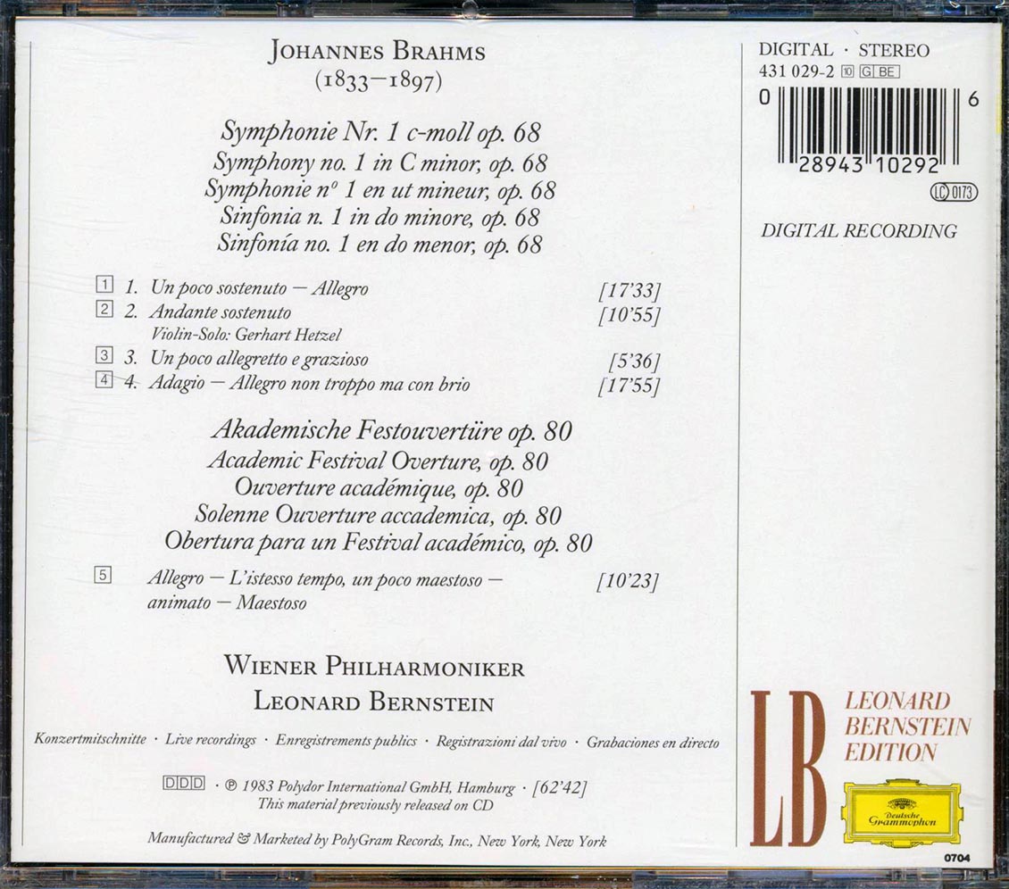 Johannes Brahms, Vienna Philharmonic Orchestra - Symphony No. 1, Acedemic Festival Overture Music CD