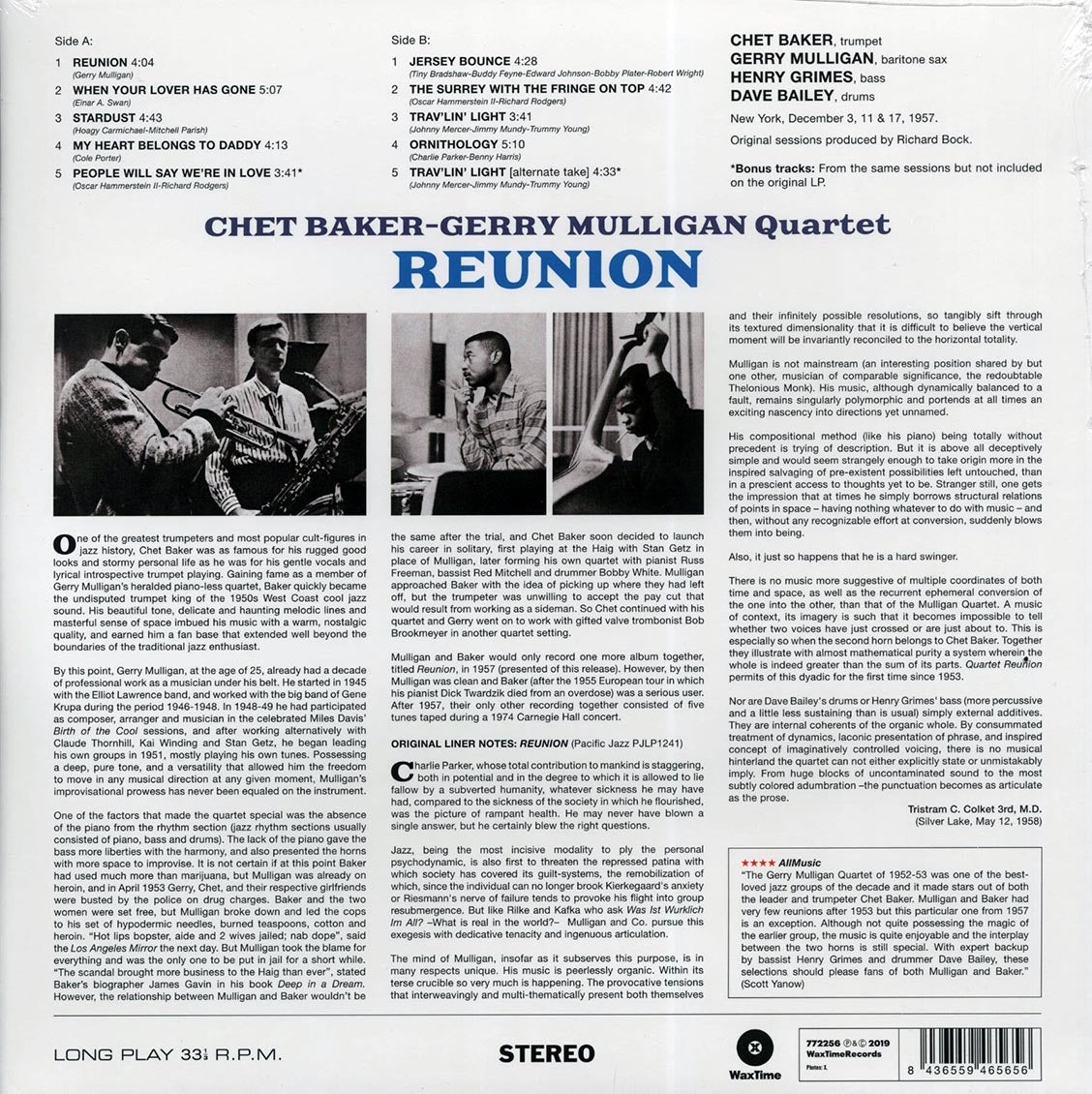 Chet Baker, Gerry Mulligan Quartet - Reunion (+2 bonus tracks) (DMM) (ltd. ed.) (180g) (High-Def VV) (remastered) Vinyl Record