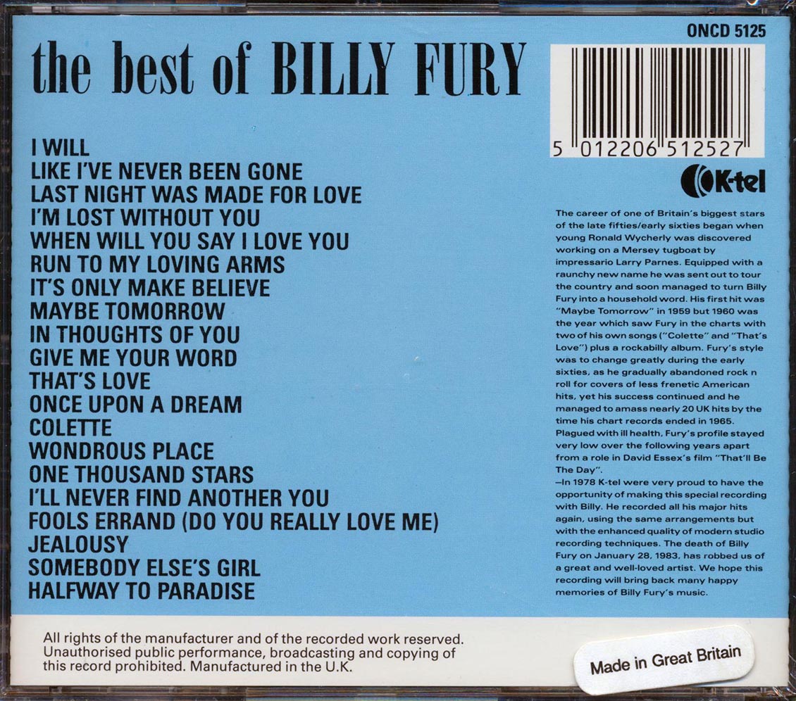 Billy Fury - The Best Of Billy Fury Music CD