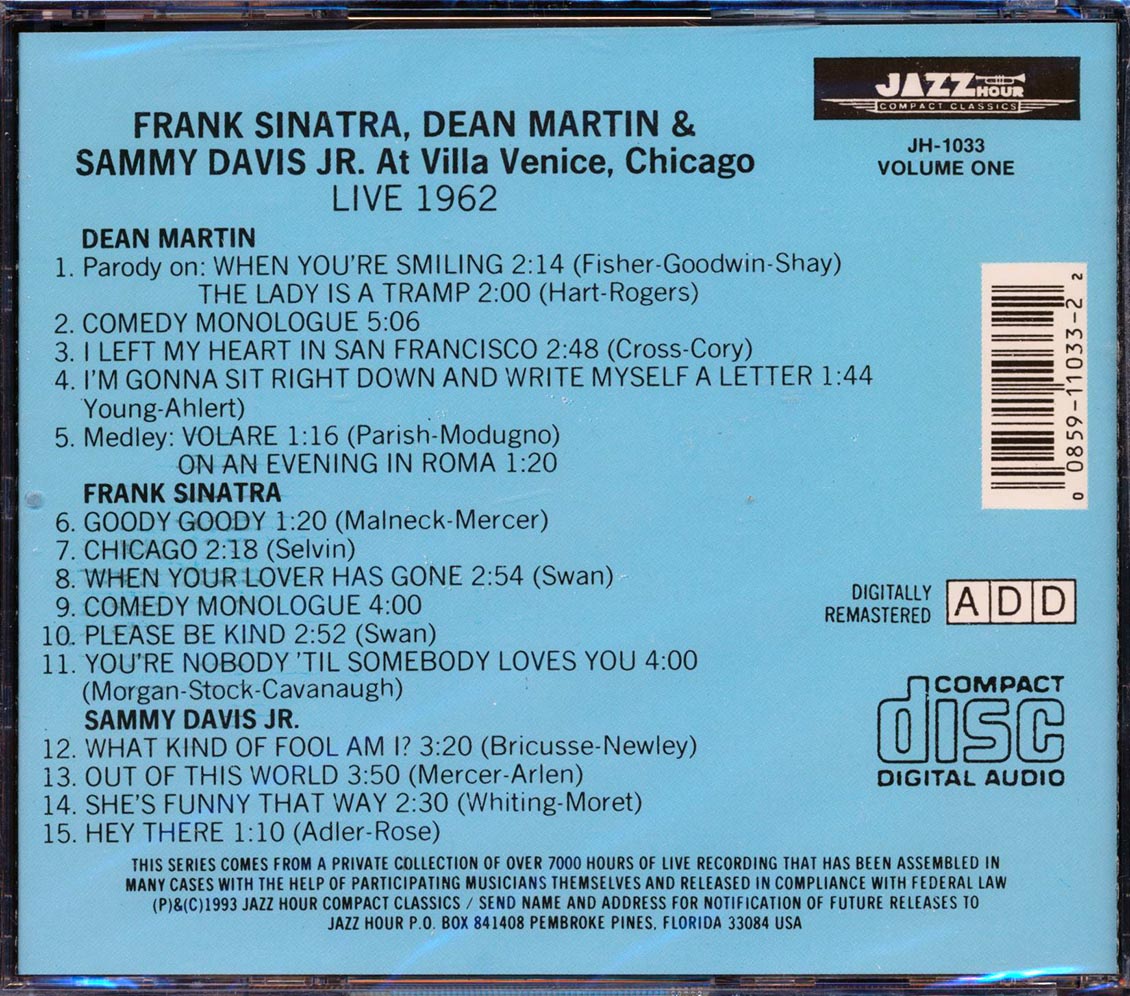 Frank Sinatra Dean Martin Sammy Davis Jr At Villa Venice Chicago Live 1962 Volume 1 Music CD