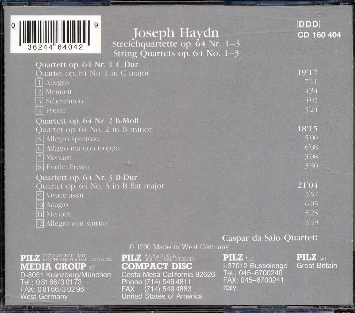 Joseph Haydn, Caspar Da Salo Quartett - Streichquartette Op. 64 Nr 1-3 (String Quartets Op. 64 No. 1-3) Music CD