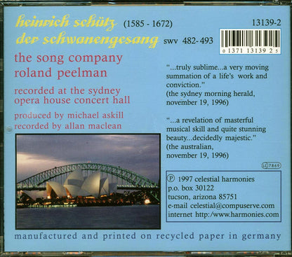 The Song Company, Roland Peelman - Heinric Schutz Der Schwanengesang: The Swan Song 482-493 Music CD