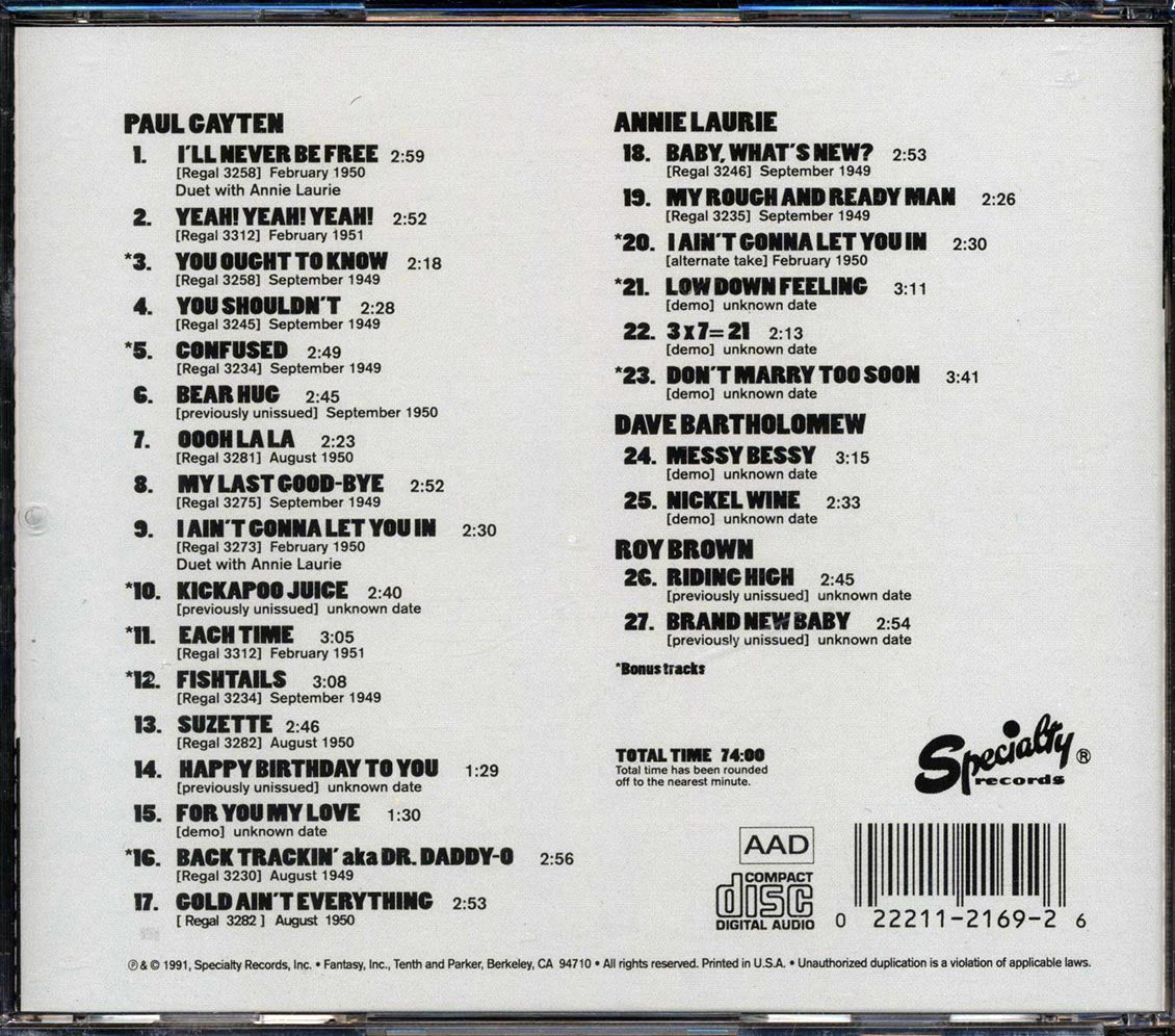 Paul Gayten Annie Laurie Dave Bartholomew Roy Brown Regal Records In New Orleans 27 tracks Music CD