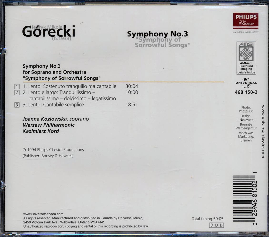 Gorecki - Symphony No. 3 Music CD